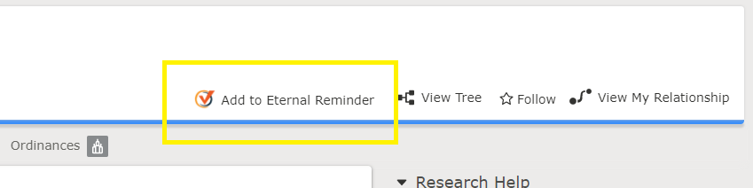 Eternal Reminder link in FamilySearch